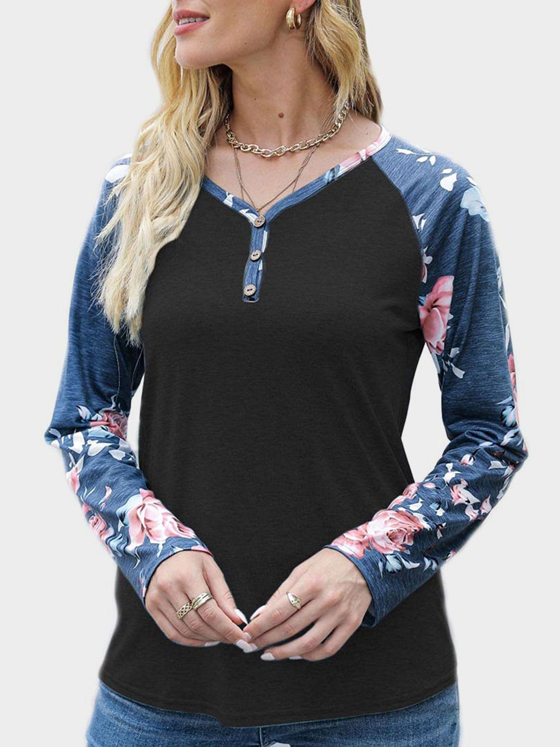 V-Neck Floral Long Sleeve T-Shirt-TOPS / DRESSES-[Adult]-[Female]-2022 Online Blue Zone Planet