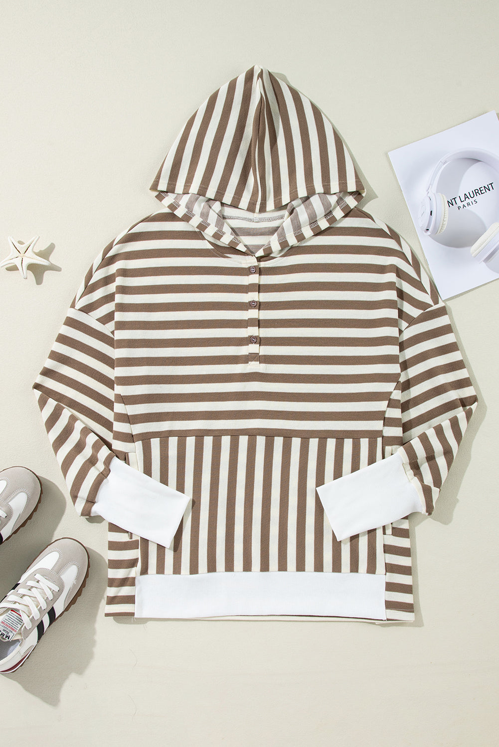 Brown Stripe Drop Sleeve Plus Size Henley Hoodie-Plus Size Tops-[Adult]-[Female]-2022 Online Blue Zone Planet