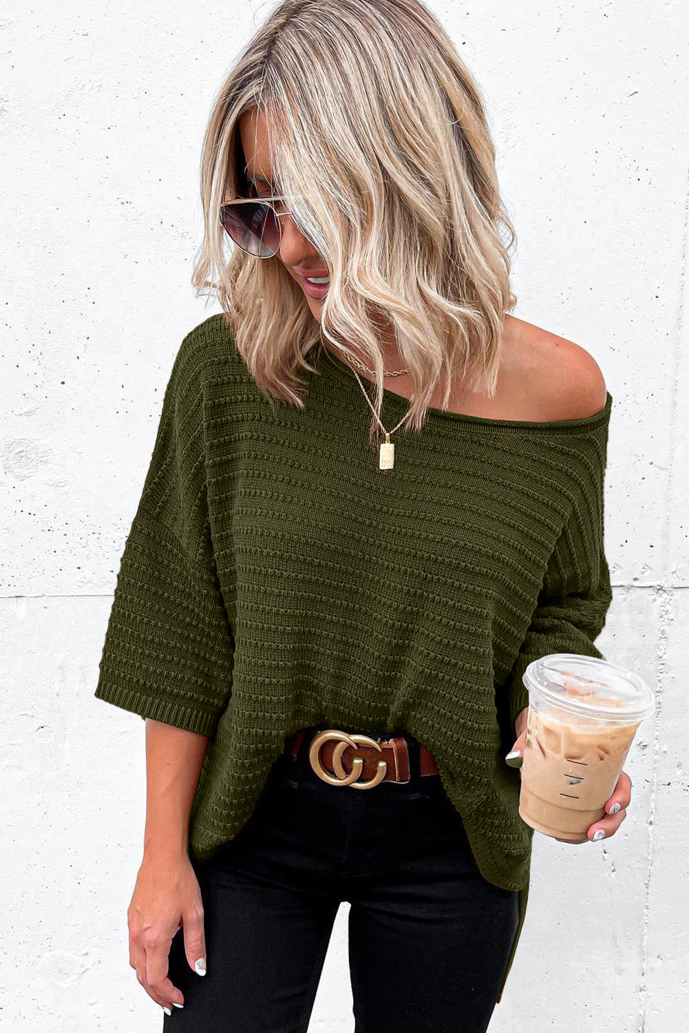 Green Textured Knit Drop Shoulder Short Sleeve Sweater-Sweaters & Cardigans/Short Sleeve Sweaters-[Adult]-[Female]-2022 Online Blue Zone Planet
