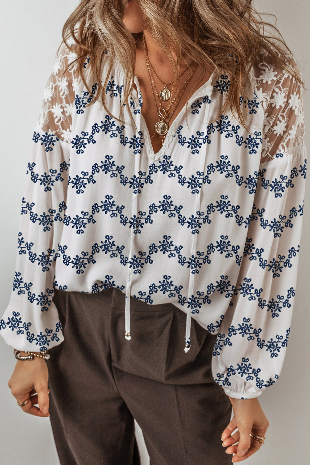 Blue Lace Patchwork Floral Bubble Sleeve V Split Neck Blouse-Tops/Blouses & Shirts-[Adult]-[Female]-Blue-S-2022 Online Blue Zone Planet
