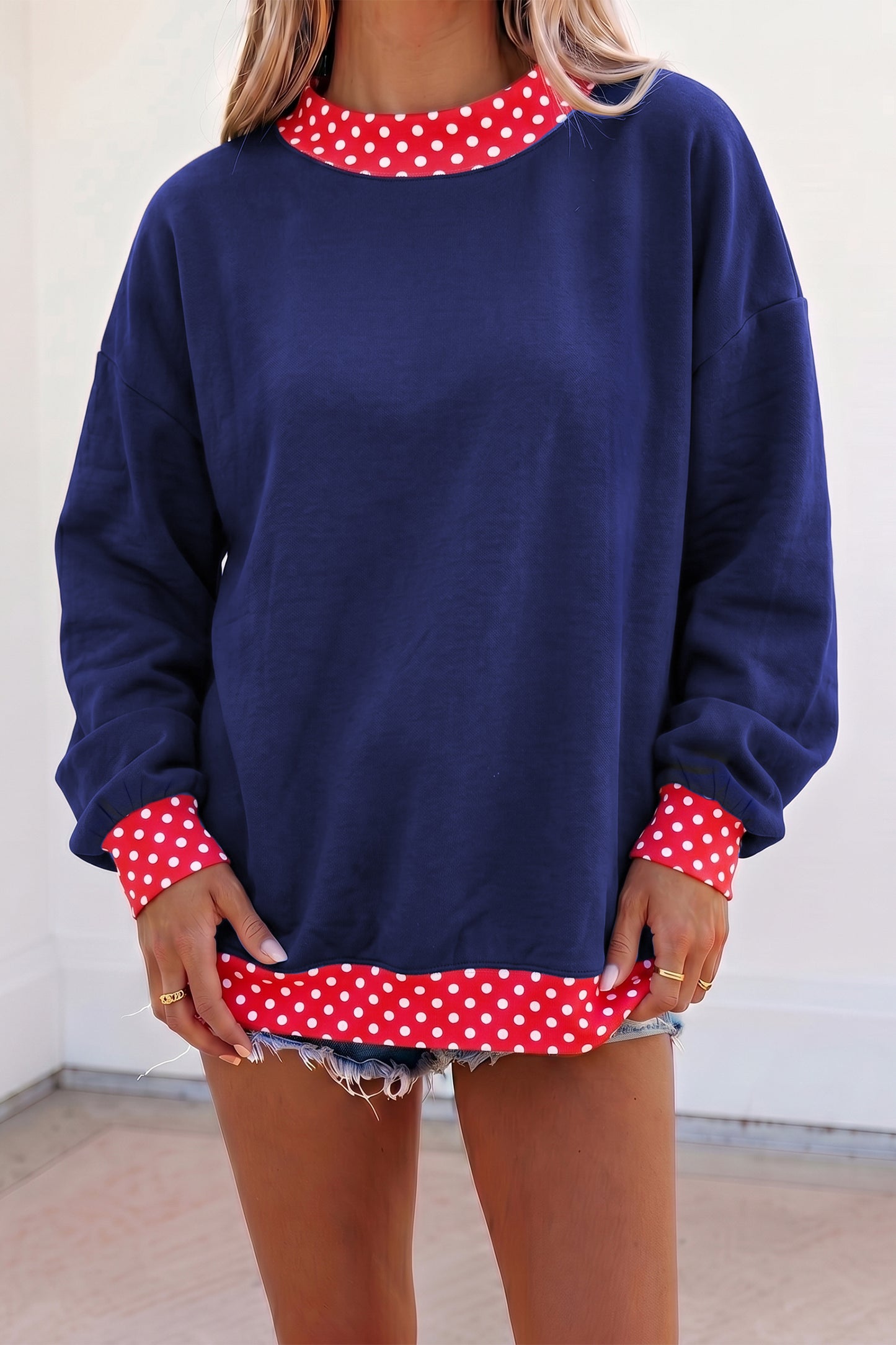 Dirty blue Colorblock Polka Dot Contrast Trim Oversized Sweatshirt-Tops/Sweatshirts & Hoodies-[Adult]-[Female]-2022 Online Blue Zone Planet
