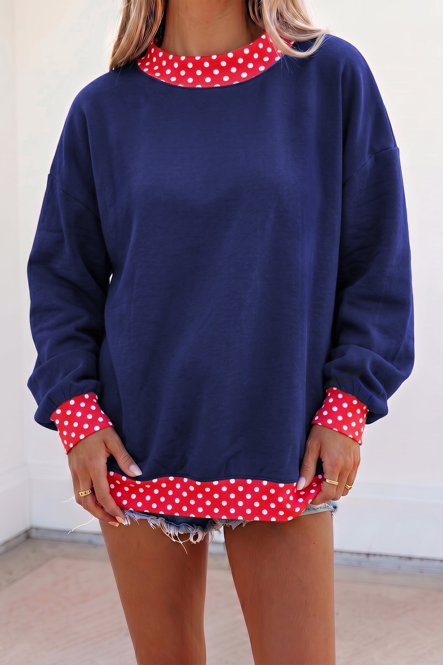 Dirty blue Colorblock Polka Dot Contrast Trim Oversized Sweatshirt-Tops/Sweatshirts & Hoodies-[Adult]-[Female]-2022 Online Blue Zone Planet