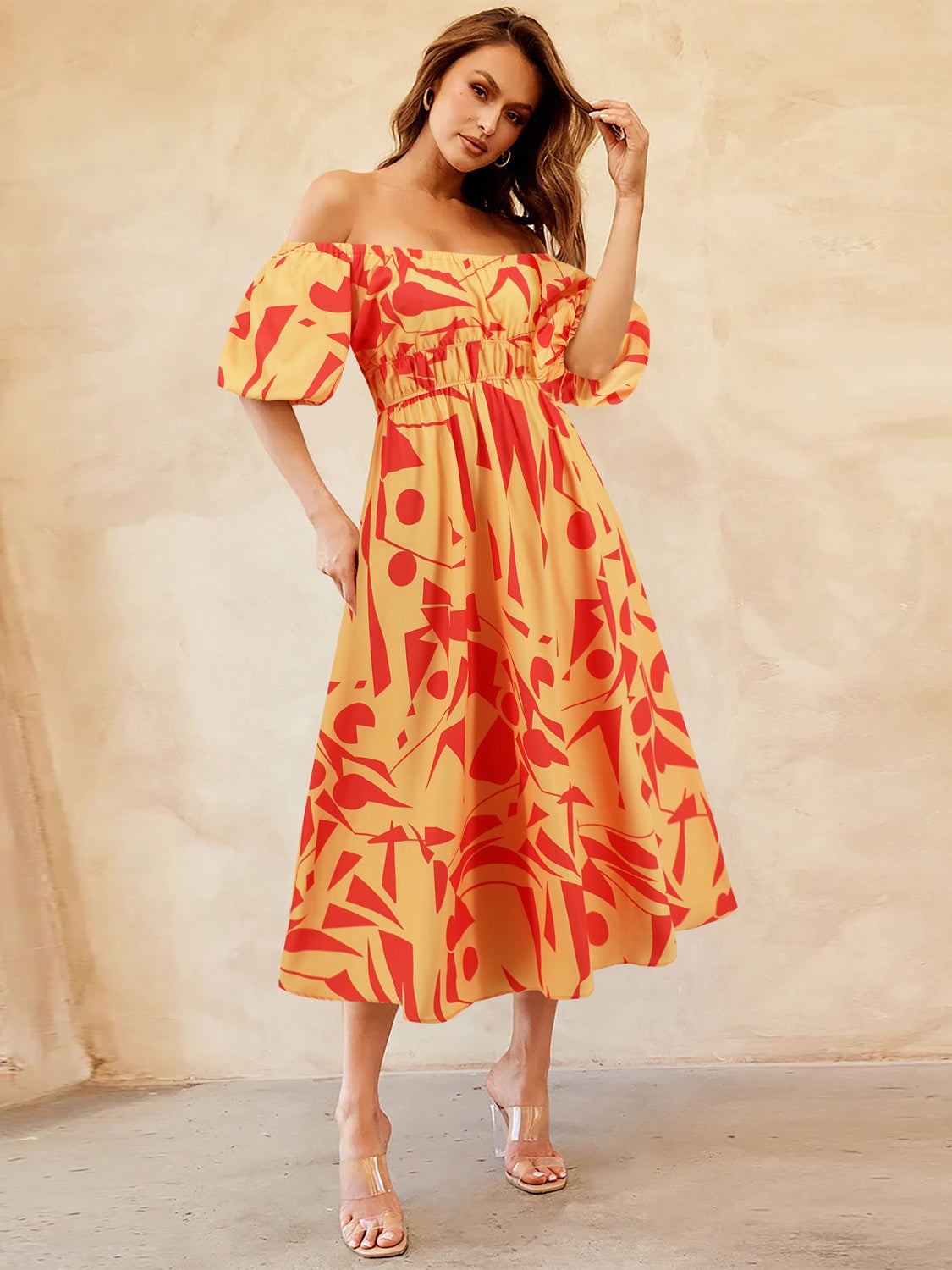 Printed Off-Shoulder Balloon Sleeve Dress-TOPS / DRESSES-[Adult]-[Female]-Orange-Red-S-2022 Online Blue Zone Planet