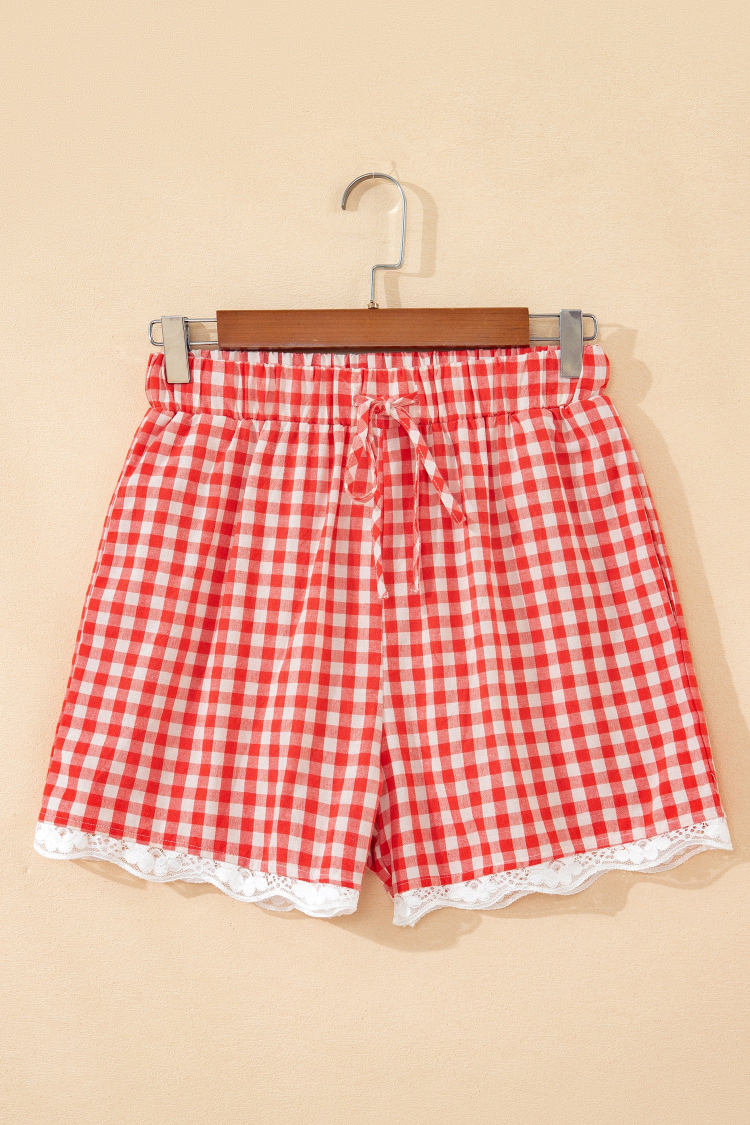 Red Gingham Plaid Tie Elastic Waist Lace Patchwork Hem Casual Shorts-Bottoms/Casual Shorts-[Adult]-[Female]-2022 Online Blue Zone Planet