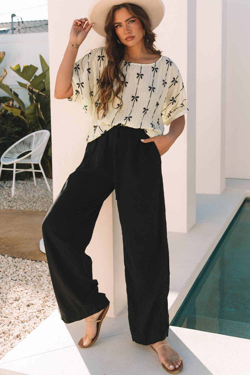 Beige Bow Print Puff Short Sleeve Top-Tops/Blouses & Shirts-[Adult]-[Female]-2022 Online Blue Zone Planet