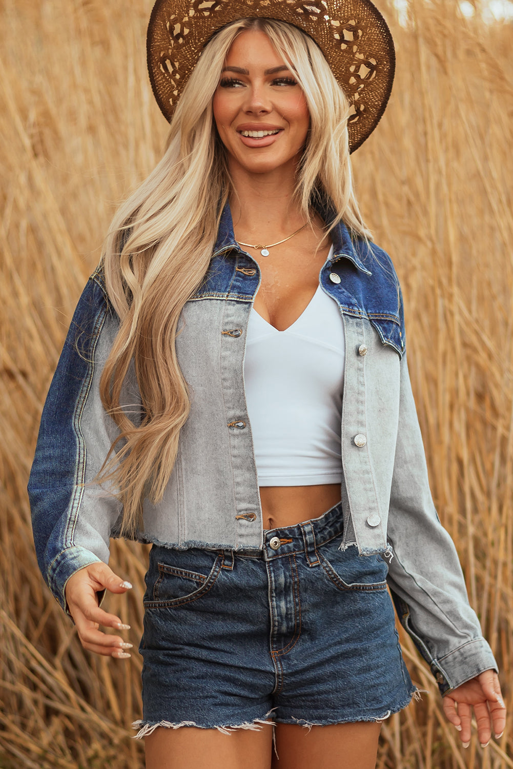 Dusk Blue Color Block Patchwork Flap Detail Distress Denim Jacket-Outerwear/Denim jackets-[Adult]-[Female]-2022 Online Blue Zone Planet
