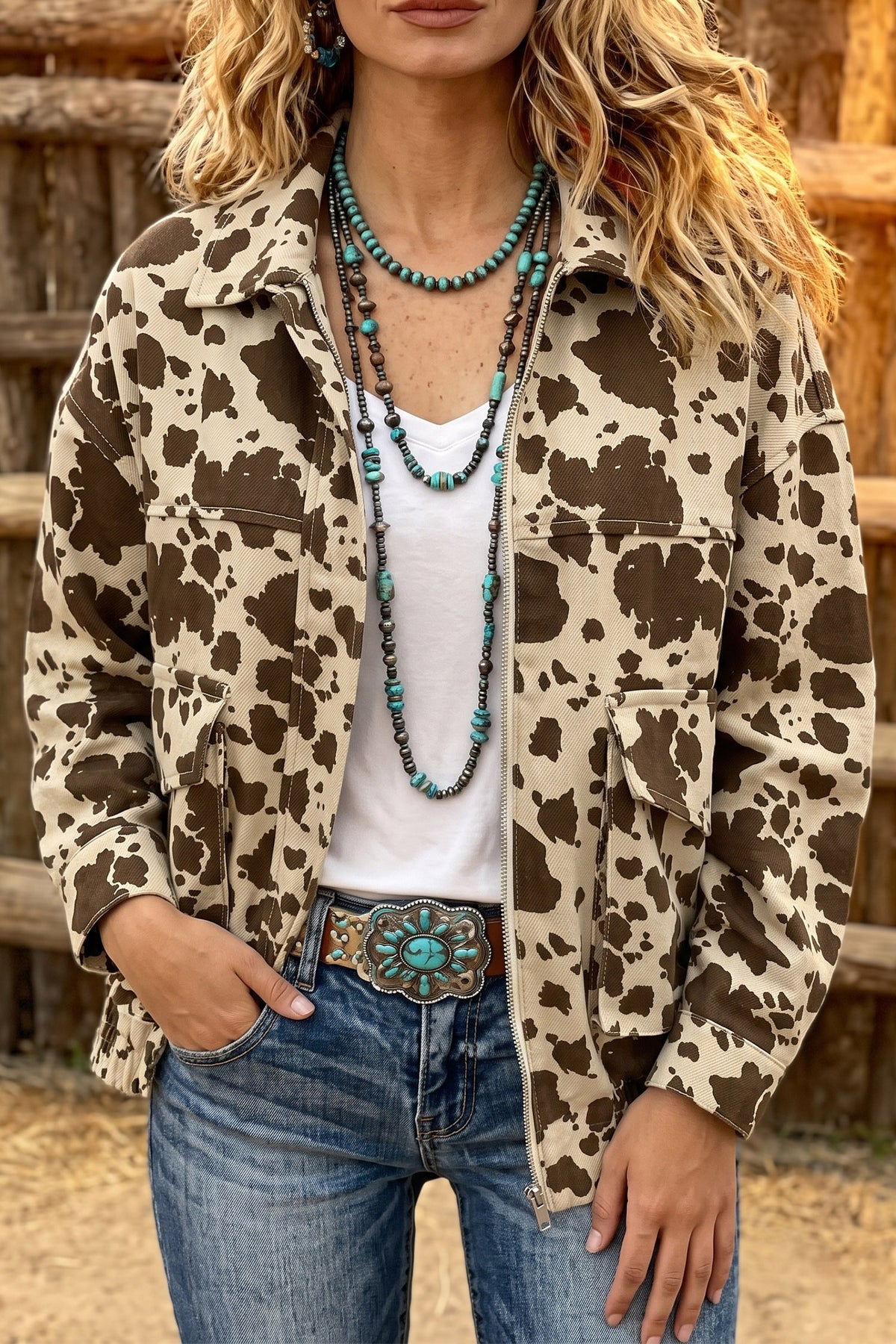 Brown Western Cow Print Cargo Pocket Denim Jacket-Outerwear/Denim jackets-[Adult]-[Female]-2022 Online Blue Zone Planet