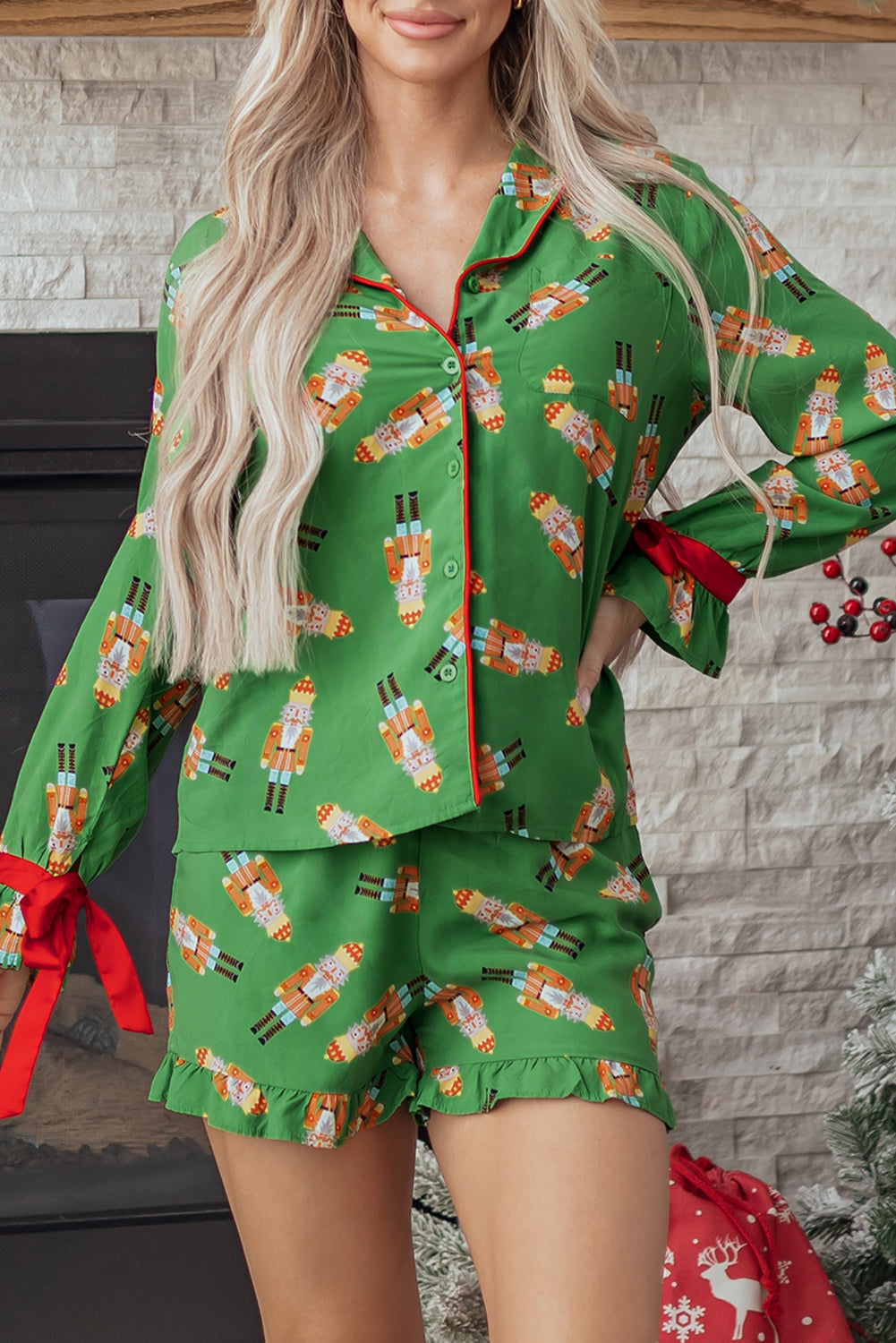 Green Christmas Candy Contrast Trim Bow Knot Silky 2pcs Pajama Set-Loungewear & Sleepwear/Sleepwear-[Adult]-[Female]-2022 Online Blue Zone Planet