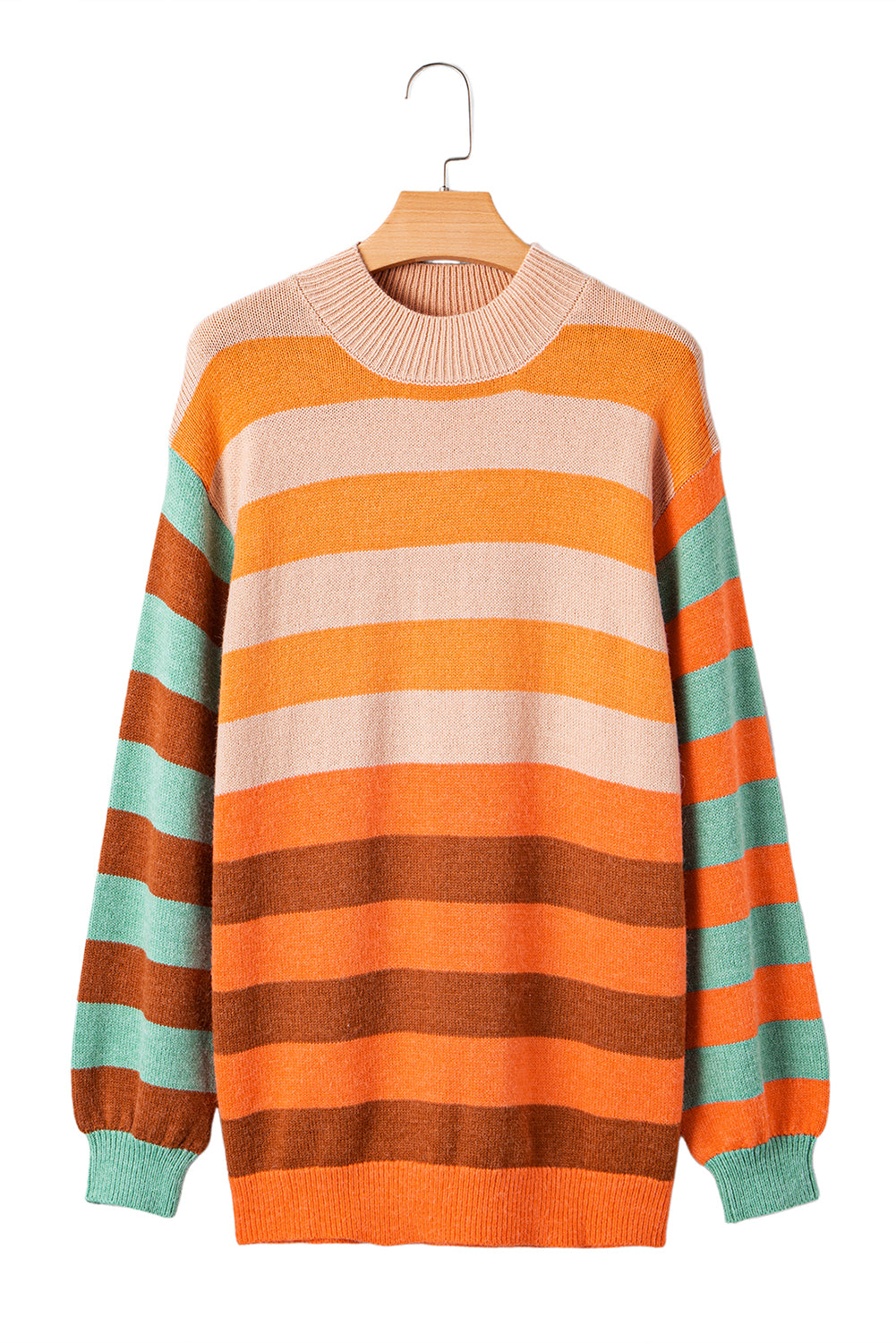 Orange Stripe Color Block High Neck Drop Shoulder Cozy Sweater-Sweaters & Cardigans/Sweaters-[Adult]-[Female]-2022 Online Blue Zone Planet