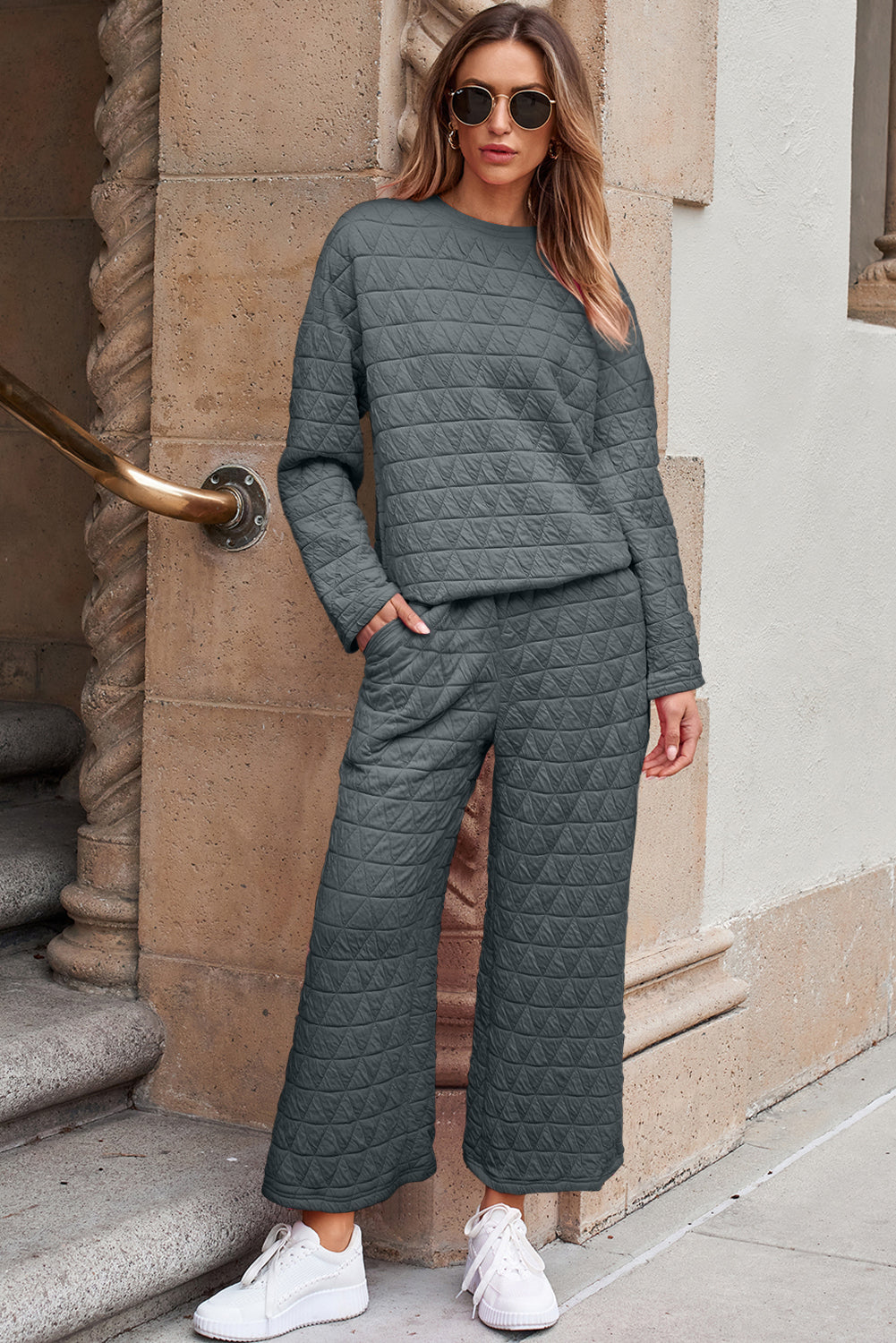 Dark Grey Solid Quilted Pullover and Pants Outfit-Two Piece Sets/Pant Sets-[Adult]-[Female]-2022 Online Blue Zone Planet