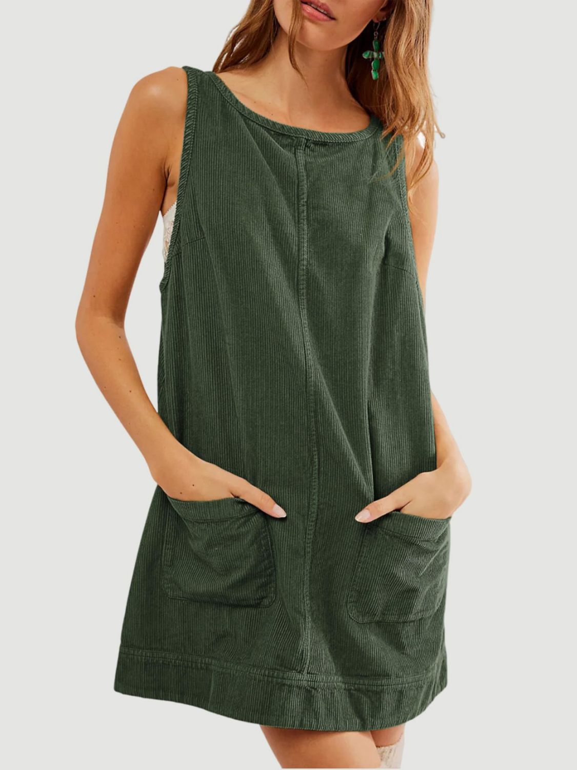 Blue Zone Planet | Mandy Round Neck Wide Strap Mini Dress with Pockets-TOPS / DRESSES-[Adult]-[Female]-Dark Green-S-2022 Online Blue Zone Planet