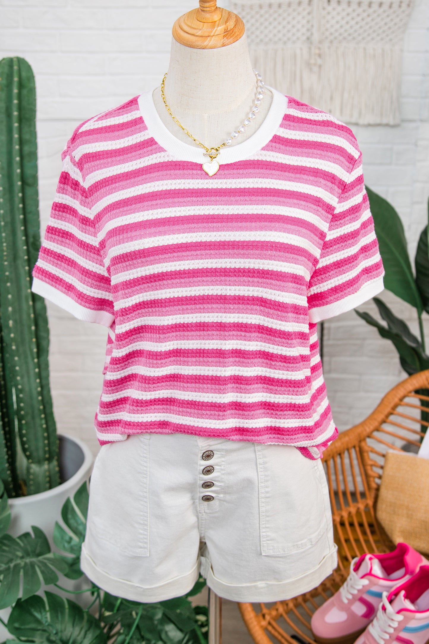Sachet Pink Textured Knit Short Sleeve Crossed Detail Tee-Tops/Tops & Tees-[Adult]-[Female]-2022 Online Blue Zone Planet