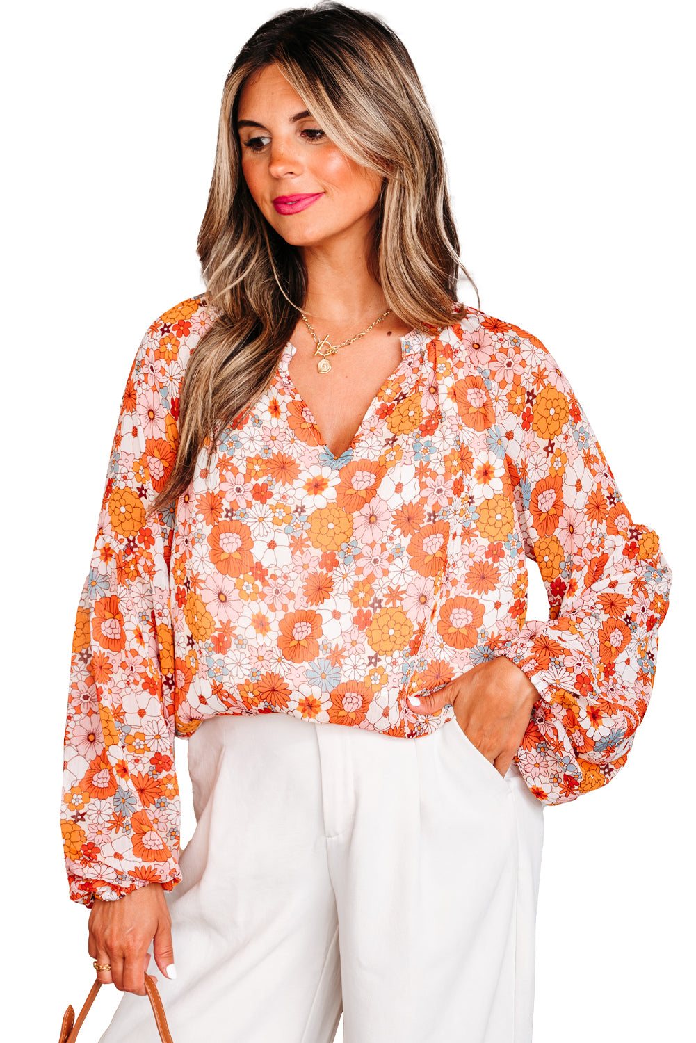 Orange Floral Print V Neck Long Puff Sleeve Top-Tops/Blouses & Shirts-[Adult]-[Female]-2022 Online Blue Zone Planet