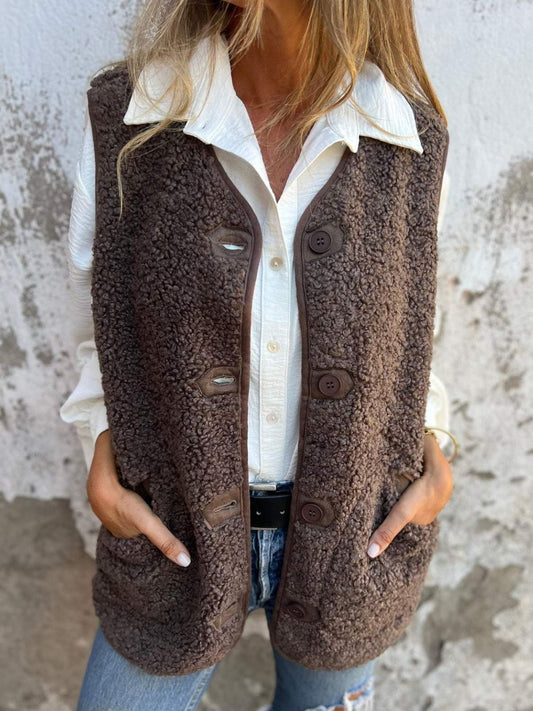 Full Size Pocketed Button Up V-Neck Sherpa Vest-TOPS / DRESSES-[Adult]-[Female]-Coffee Brown-S-2022 Online Blue Zone Planet