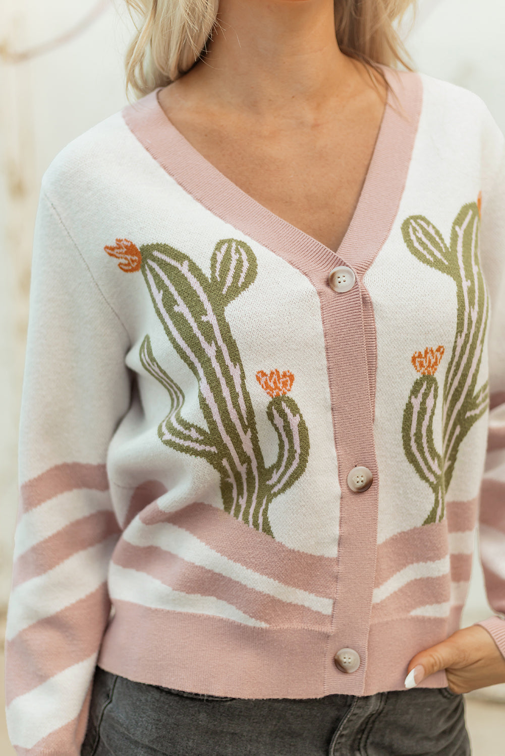 Apricot Desert Cactus Buttoned Front Sweater Cardigan-Sweaters & Cardigans/Cardigans-[Adult]-[Female]-2022 Online Blue Zone Planet