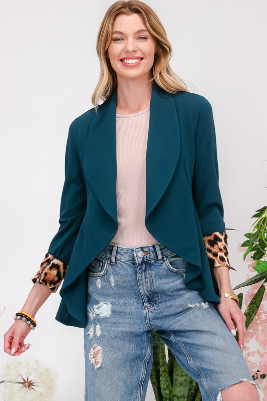 Blue Zone Planet | Celeste Full Size Rolled Leopard Cuff Open Front Blazer-TOPS / DRESSES-[Adult]-[Female]-Hunter Green-S-2022 Online Blue Zone Planet