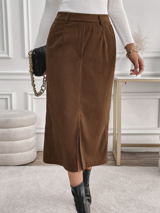 Perfee Slit Midi Skirt with Pockets-BOTTOMS SIZES SMALL MEDIUM LARGE-[Adult]-[Female]-Brown-S-2022 Online Blue Zone Planet