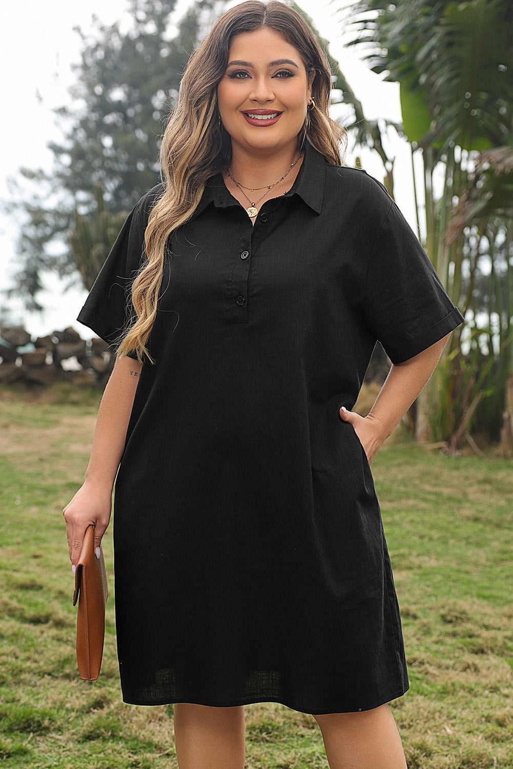 Black Plus Size Shirt Collar Buttoned Short Sleeve Shift Dress-TOPS / DRESSES-[Adult]-[Female]-2022 Online Blue Zone Planet