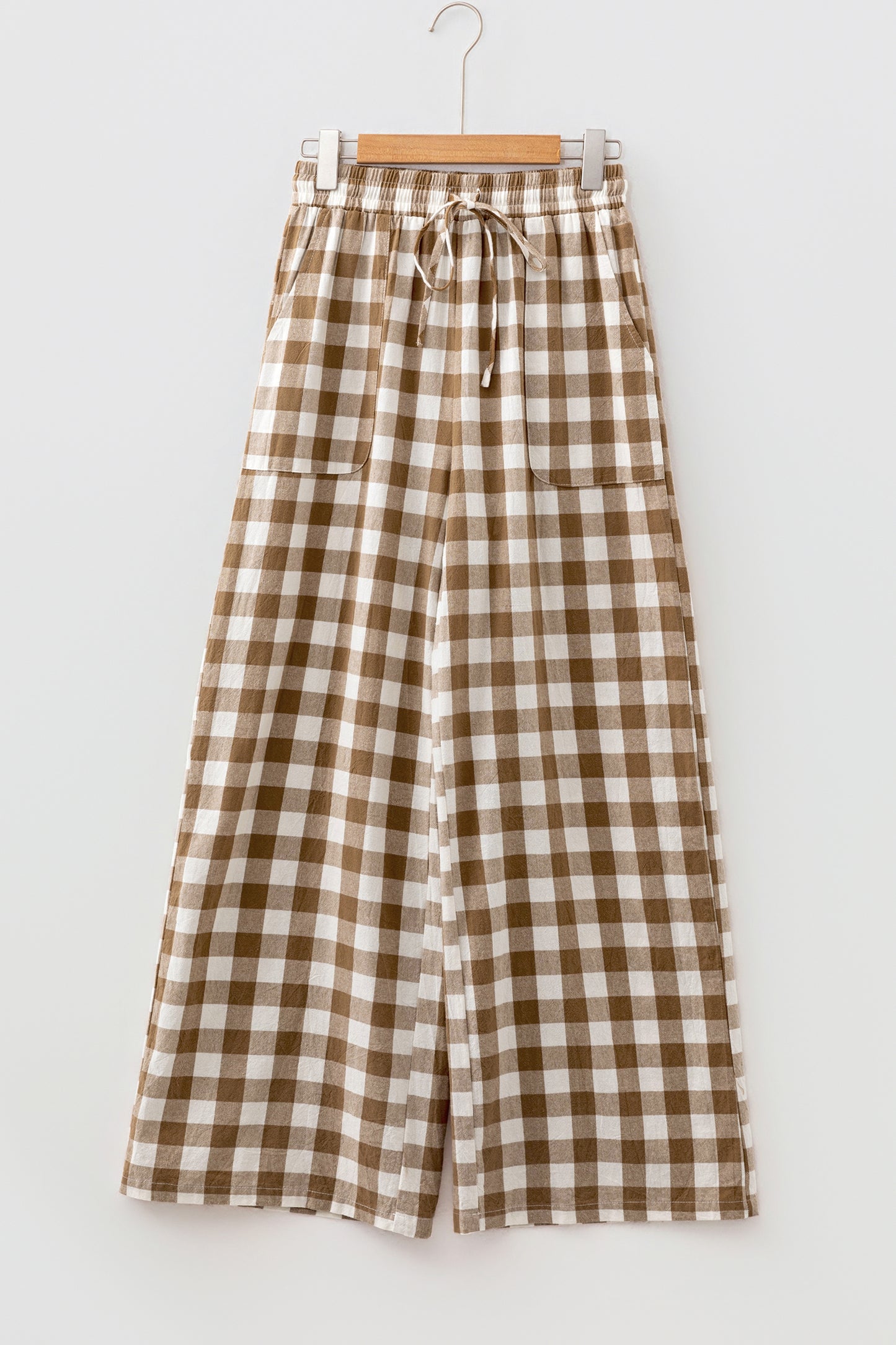 Brown Gingham Plaid Tie Elastic Waist Shift Pants-Bottoms/Pants & Culotte-[Adult]-[Female]-2022 Online Blue Zone Planet