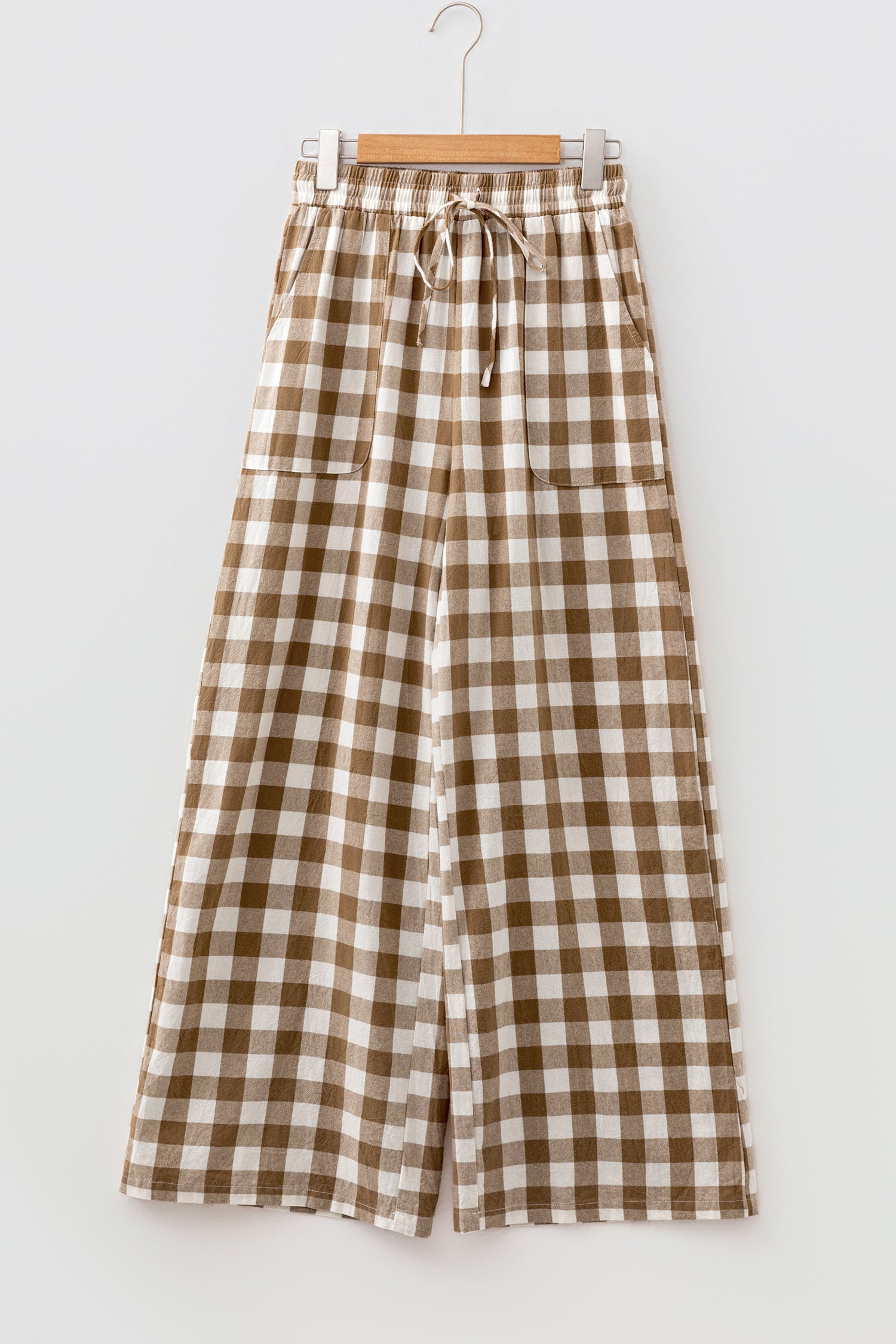 Brown Gingham Plaid Tie Elastic Waist Shift Pants-Bottoms/Pants & Culotte-[Adult]-[Female]-2022 Online Blue Zone Planet