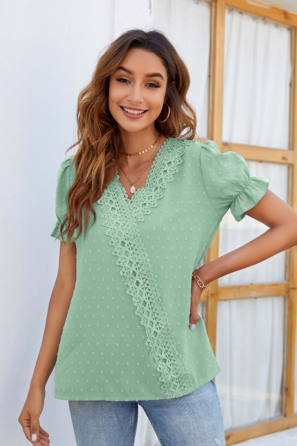 Mandy Swiss Dot Lace Detail V-Neck Short Sleeve Blouse-TOPS / DRESSES-[Adult]-[Female]-2022 Online Blue Zone Planet