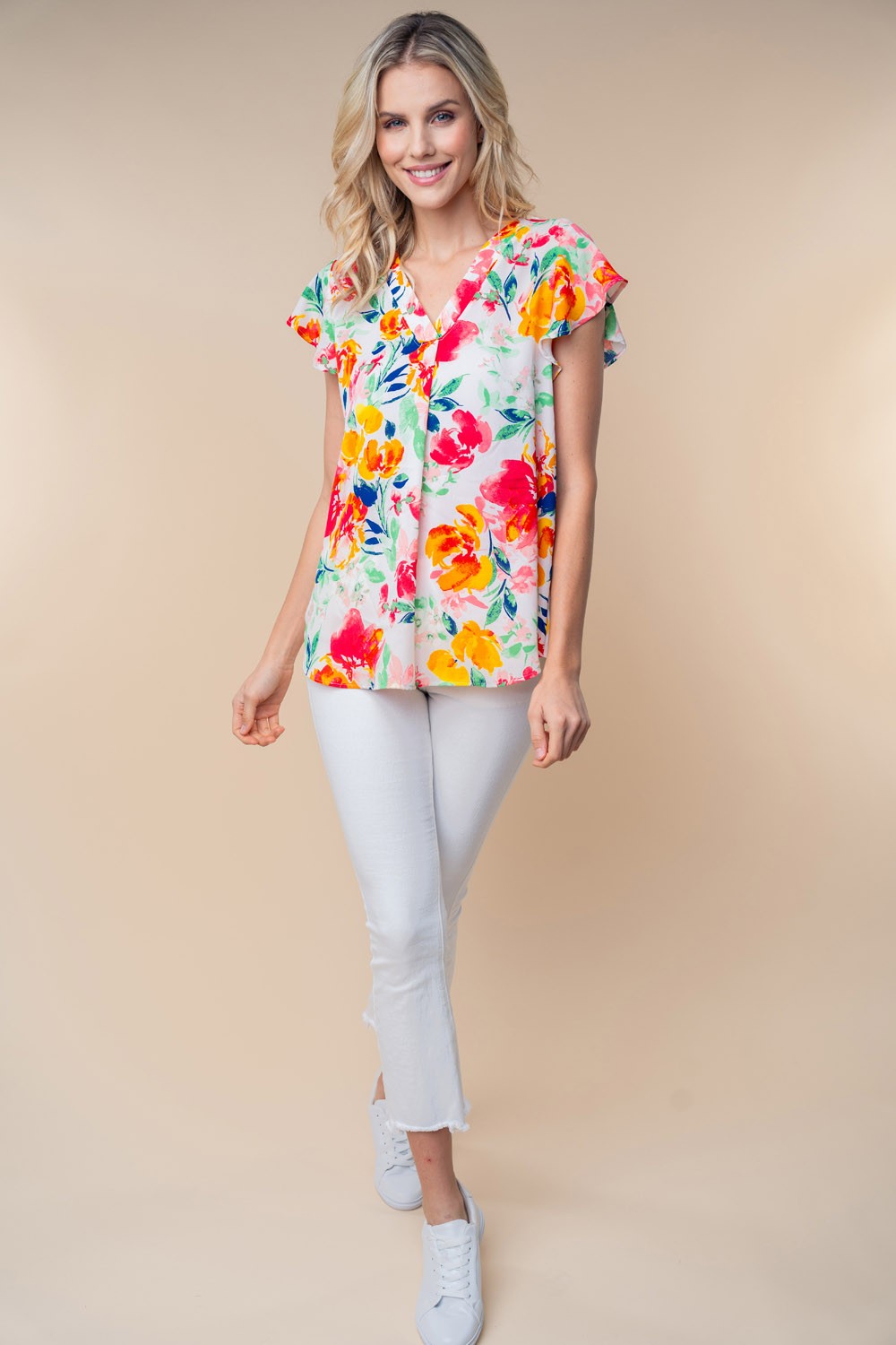 Blue Zone Planet | White Birch Full Size Short Sleeve Floral Woven Top-TOPS / DRESSES-[Adult]-[Female]-2022 Online Blue Zone Planet