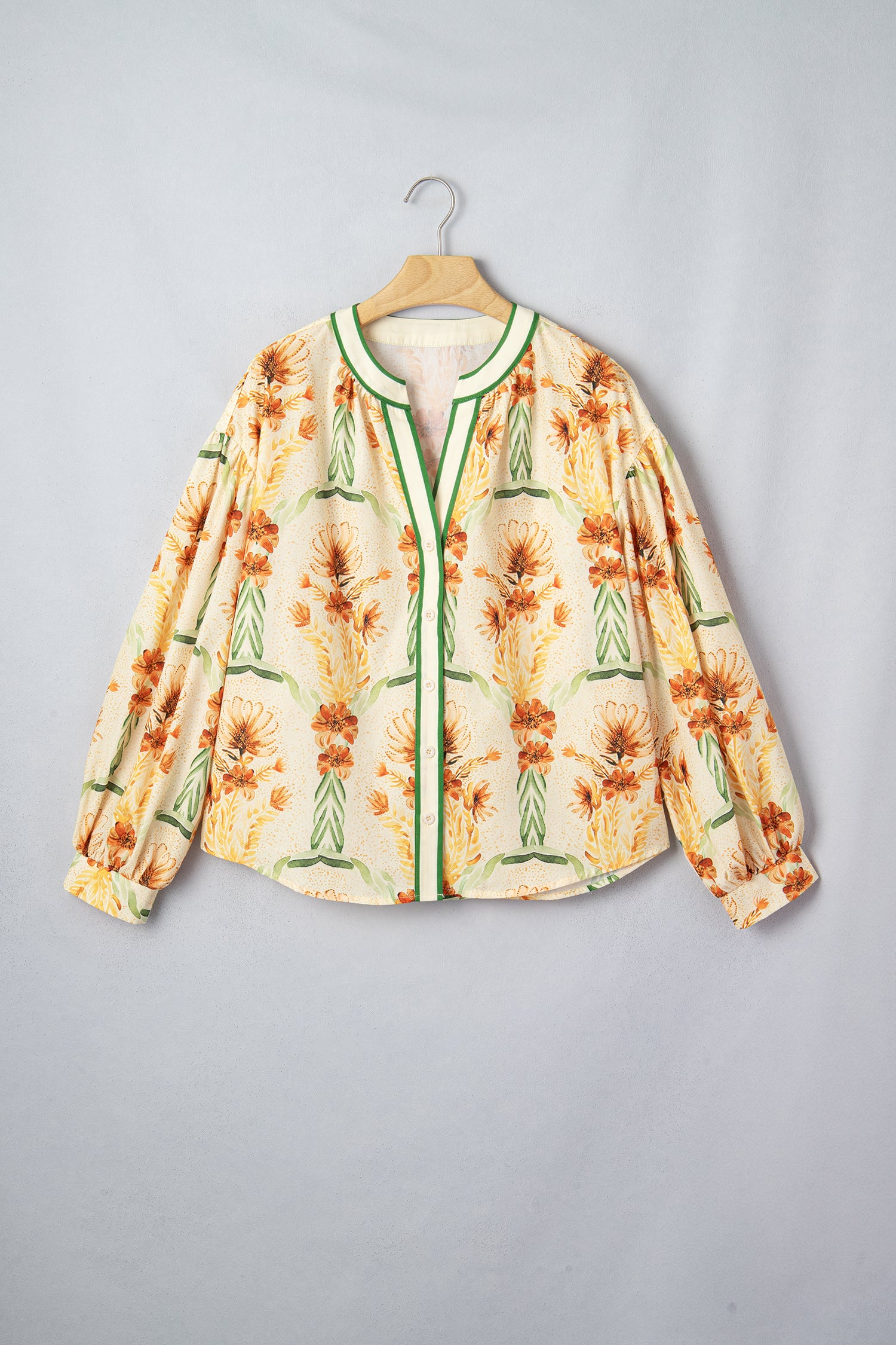 Yellow Floral Print V Neck Long Sleeve Shirt-Tops/Blouses & Shirts-[Adult]-[Female]-2022 Online Blue Zone Planet