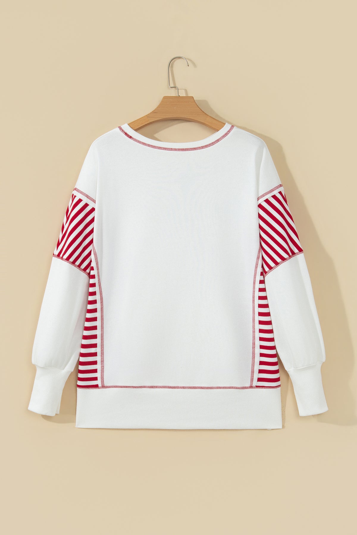 White Striped Contrast Christmas Tree Patchwork Puff Sleeve Top-Tops/Long Sleeve Tops-[Adult]-[Female]-2022 Online Blue Zone Planet