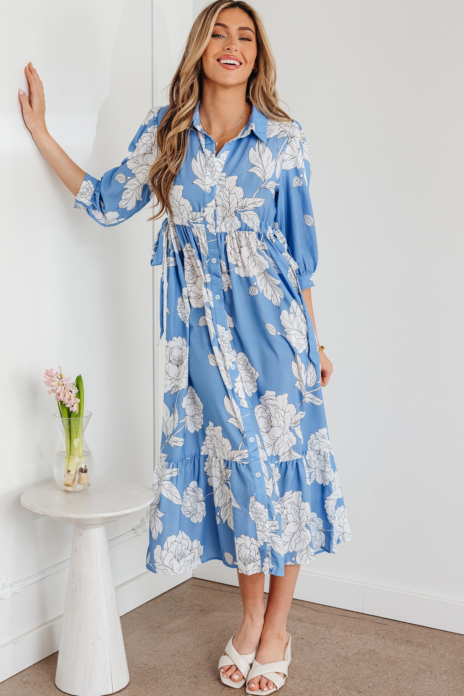 Sky Blue Floral Print Shirt Collar Button Down 3/4 Sleeve Ruffle Hem Long Dress-TOPS / DRESSES-[Adult]-[Female]-2022 Online Blue Zone Planet