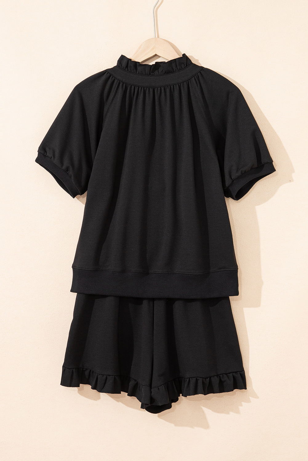 Black Half Zip Puff Sleeve Top and Ruffled Shorts Set-Two Piece Sets/Short Sets-[Adult]-[Female]-2022 Online Blue Zone Planet