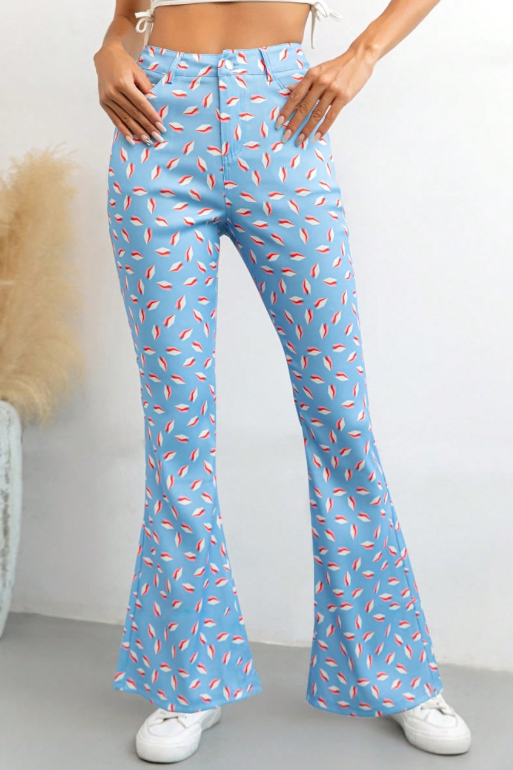 Blue Zone Planet | Printed High Waist Flare Pants with Pockets-BOTTOMS SIZES SMALL MEDIUM LARGE-[Adult]-[Female]-Light Blue-S-2022 Online Blue Zone Planet