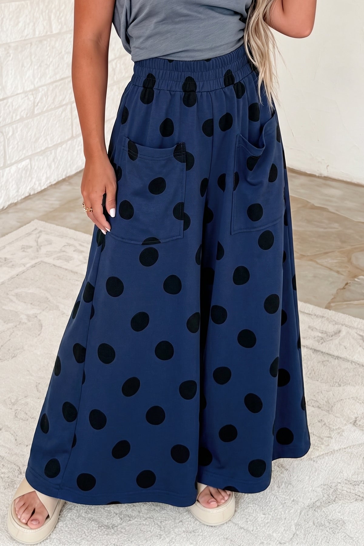 Sail Blue Polka Dot Wide Leg Elastic Waist Casual Pants-Bottoms/Pants & Culotte-[Adult]-[Female]-2022 Online Blue Zone Planet