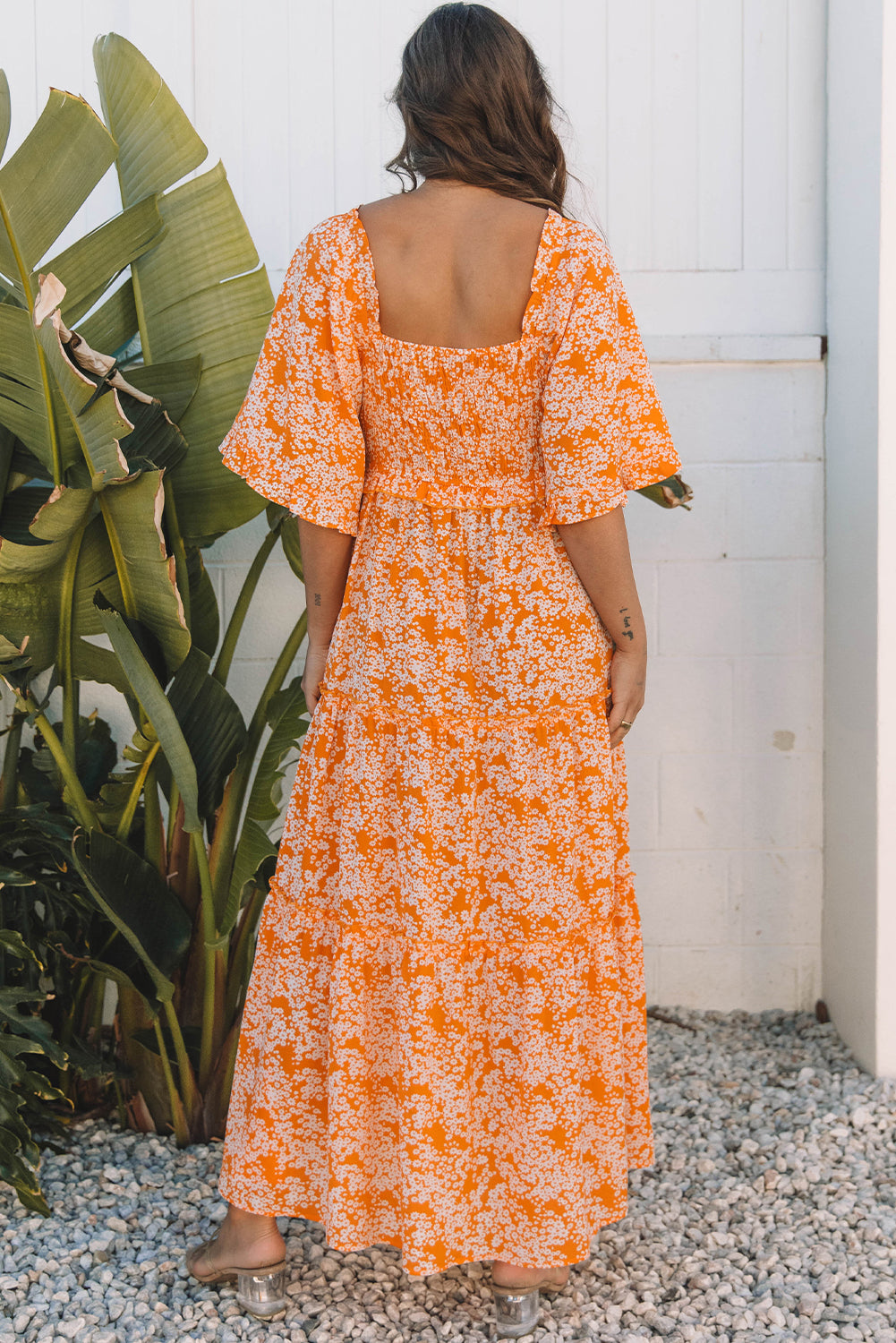 Orange Floral Print Smocked V Neck Wide Sleeve Maxi Dress-Dresses/Floral Dresses-[Adult]-[Female]-2022 Online Blue Zone Planet