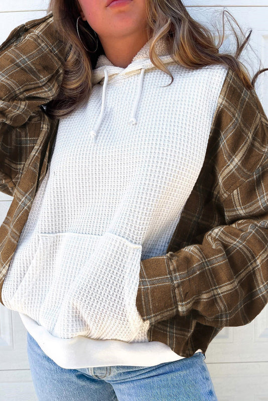 Waffle Knit Plaid Long Sleeve Kangaroo Pocket Hoodie-TOPS / DRESSES-[Adult]-[Female]-White-S-2022 Online Blue Zone Planet