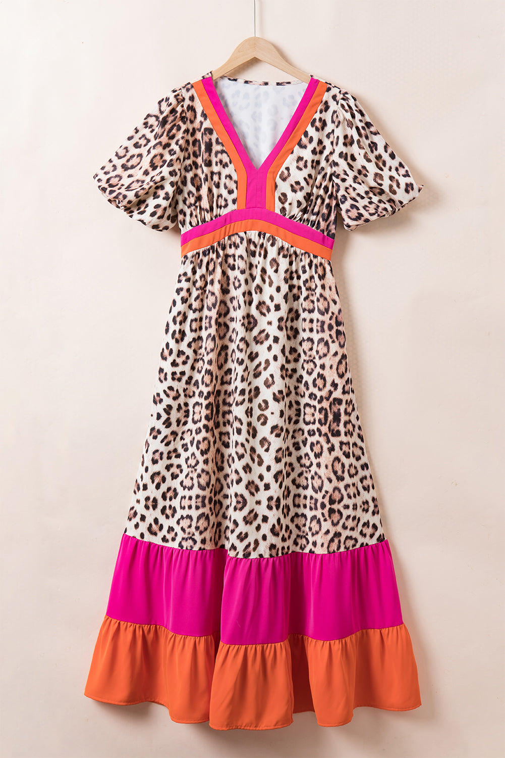 Blue Zone Planet | Bright Pink Leopard Colorblock Patchwork Bubble Sleeve Maxi Dress-TOPS / DRESSES-[Adult]-[Female]-2022 Online Blue Zone Planet