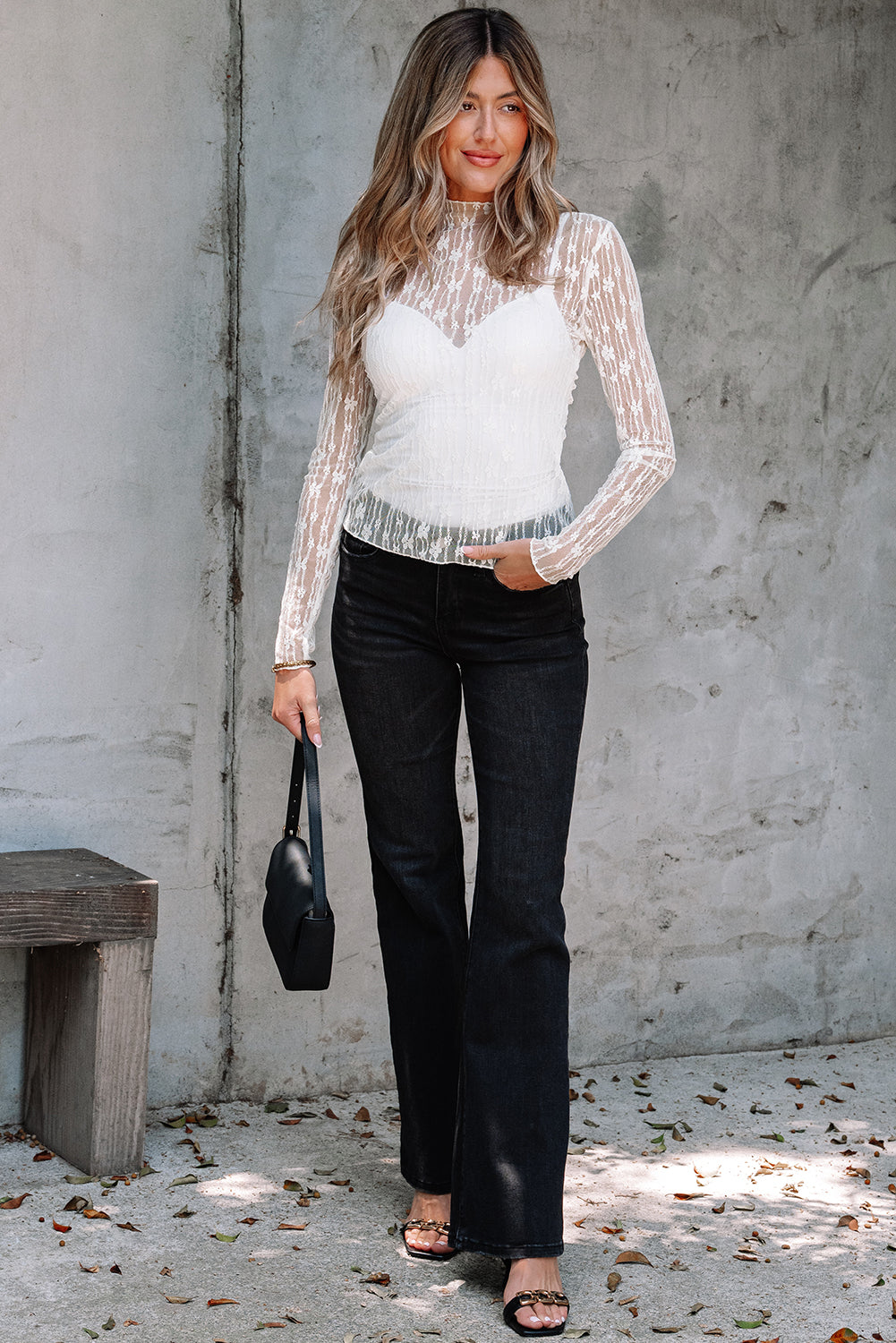 White Sheer Floral Lace Long Sleeve Slim Fit Top-Tops/Long Sleeve Tops-[Adult]-[Female]-2022 Online Blue Zone Planet