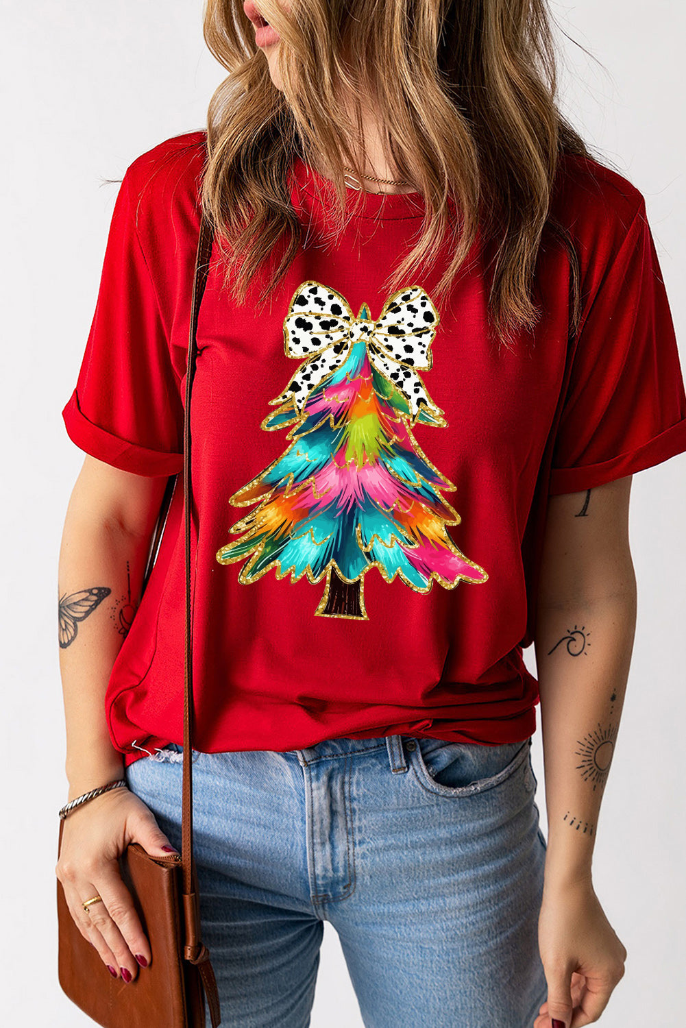 Blue Zone Planet | Red Bow Decor Christmas Tree Graphic Holiday T Shirt-Graphic/Graphic Tees-[Adult]-[Female]-2022 Online Blue Zone Planet