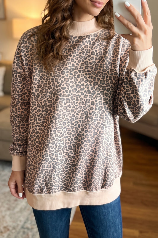 Multicolour Leopard Print High Neck Long Sleeve Ribbed Cuffs Hem Sweatshirt-Tops/Sweatshirts & Hoodies-[Adult]-[Female]-Multicolour-S-2022 Online Blue Zone Planet