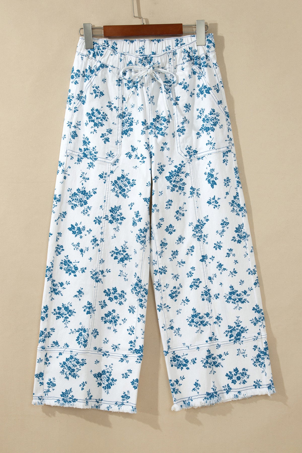 Sky Blue Floral Print Tie Waist Straight Leg Jeans-Bottoms/Jeans-[Adult]-[Female]-2022 Online Blue Zone Planet