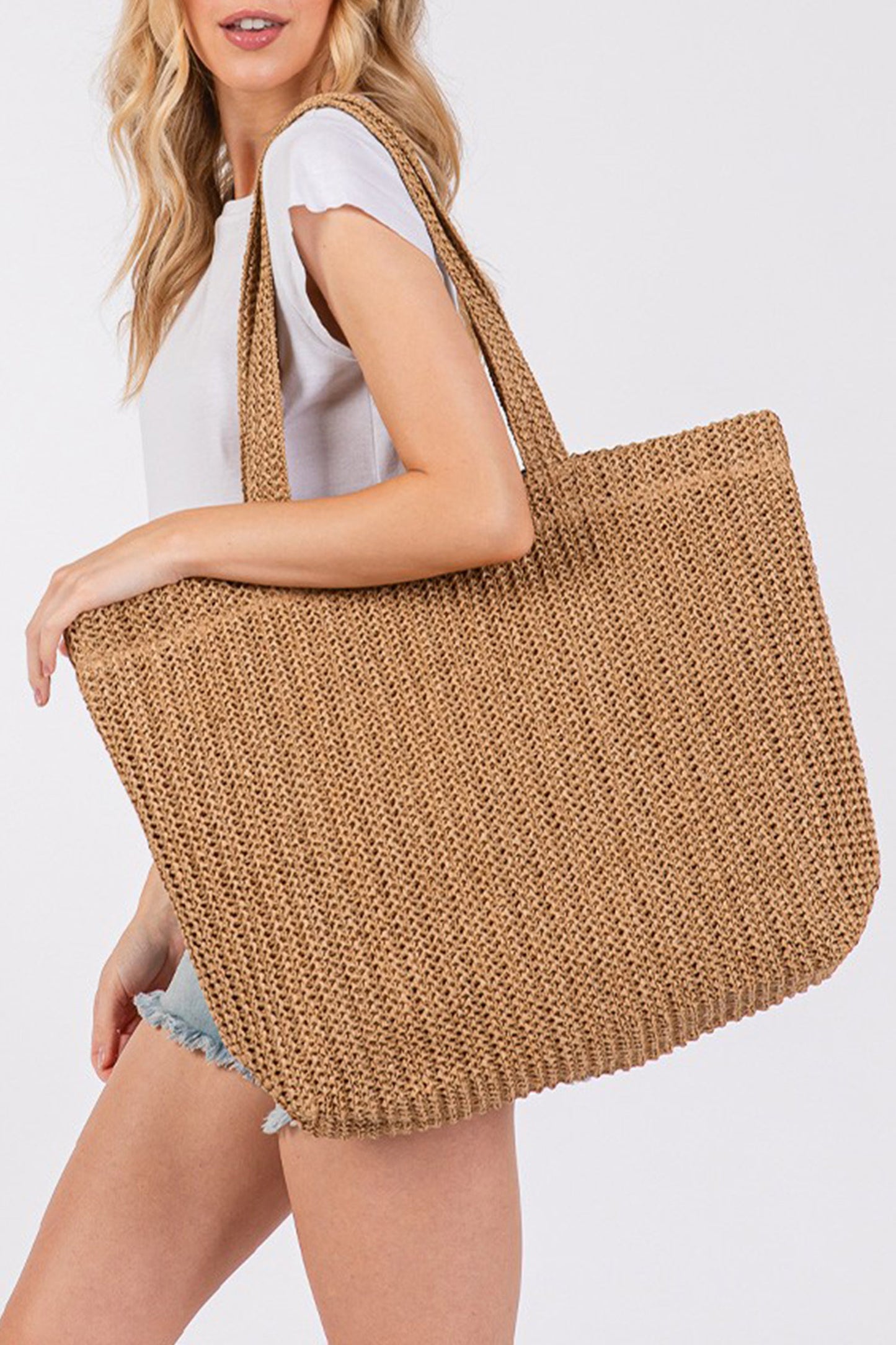 Parchment Solid Color Straw Woven Summer Beach Tote Bag