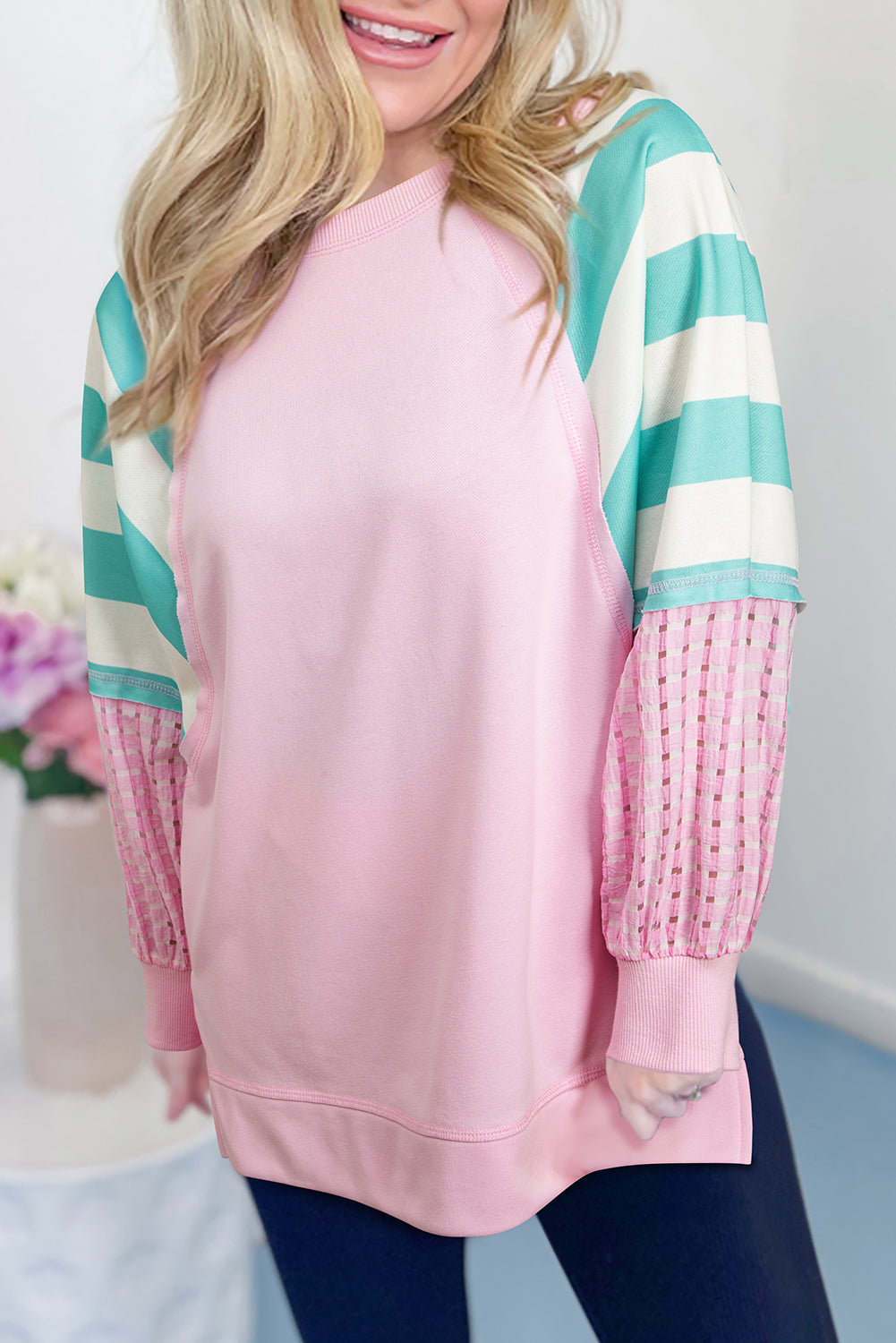 Bonbon Striped Colorblock Patchwork Raglan Pullover Top with Slits-Tops/Long Sleeve Tops-[Adult]-[Female]-Bonbon-S-2022 Online Blue Zone Planet