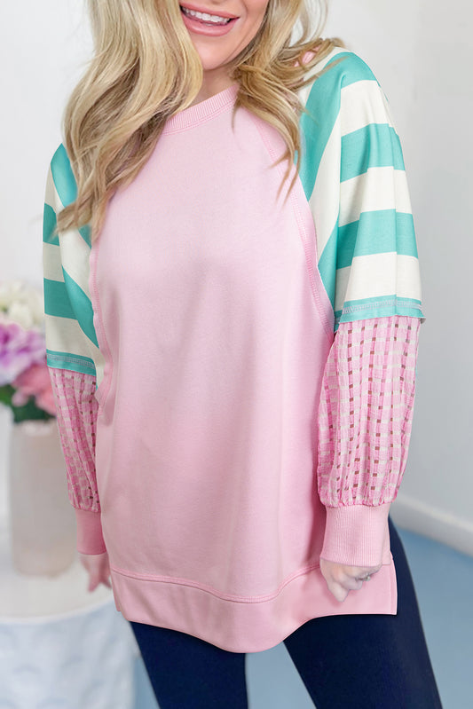 Bonbon Striped Colorblock Patchwork Raglan Pullover Top with Slits-Tops/Long Sleeve Tops-[Adult]-[Female]-Bonbon-S-2022 Online Blue Zone Planet