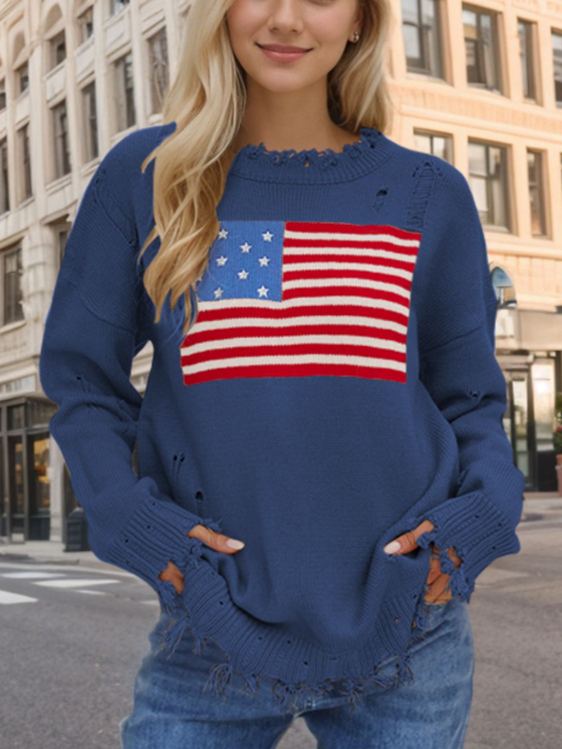 US Flag Distressed Round Neck Long Sleeve Sweater-TOPS / DRESSES-[Adult]-[Female]-French Blue-S-2022 Online Blue Zone Planet