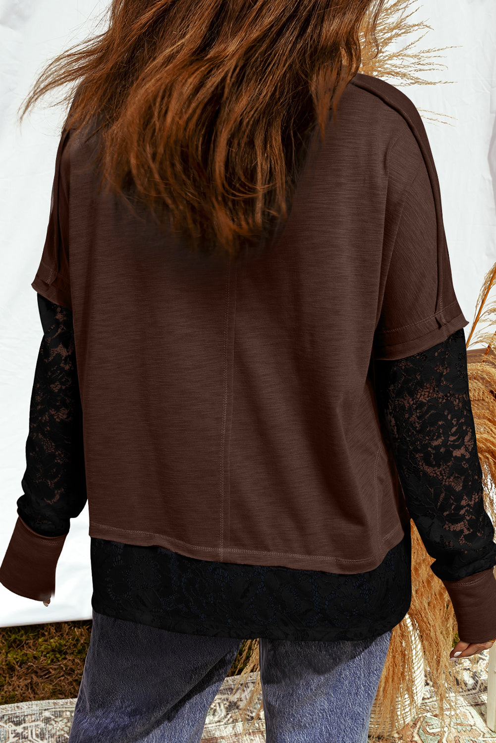 Dark Brown Sheer Lace Patchwork Casual Long Sleeve Tee-Tops/Long Sleeve Tops-[Adult]-[Female]-2022 Online Blue Zone Planet