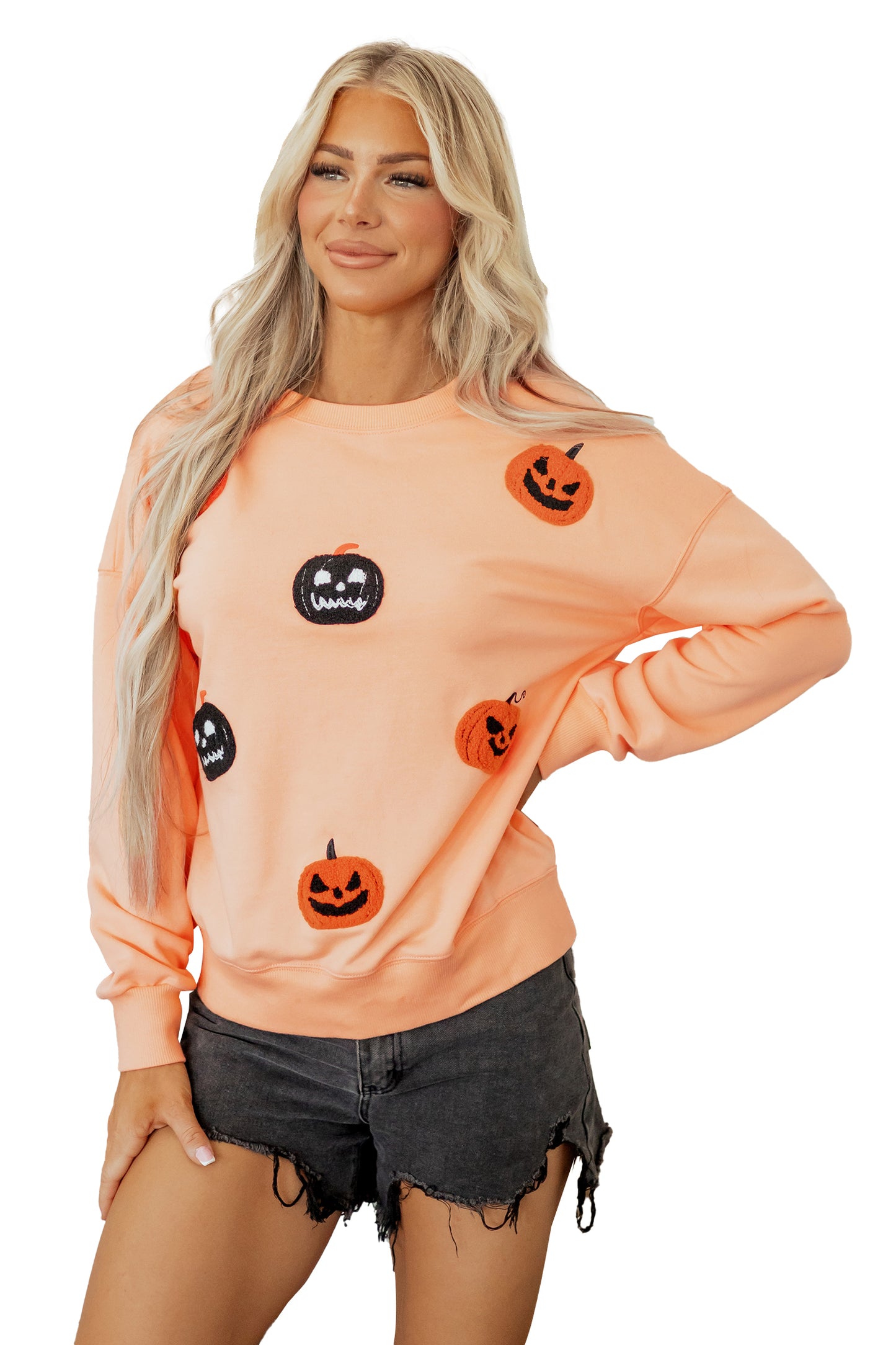 Orange Embroidered Pumpkin Face Drop Shoulder Sweatshirt-Tops/Sweatshirts & Hoodies-[Adult]-[Female]-2022 Online Blue Zone Planet