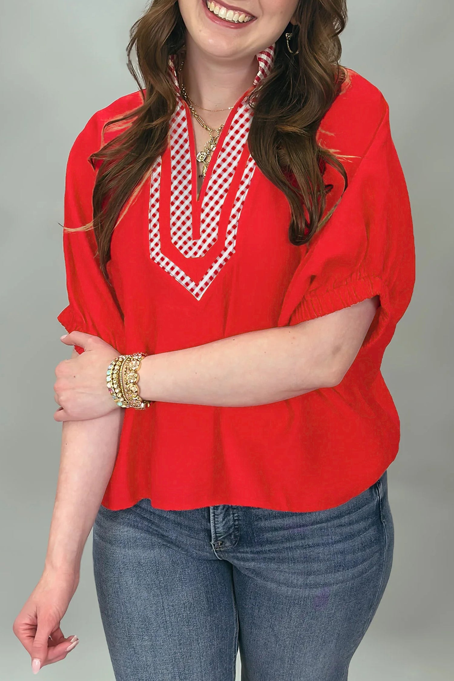 Red V Neck Plaid Collar Short Sleeve Tunic Blouse-Tops/Blouses & Shirts-[Adult]-[Female]-Fiery Red-S-2022 Online Blue Zone Planet