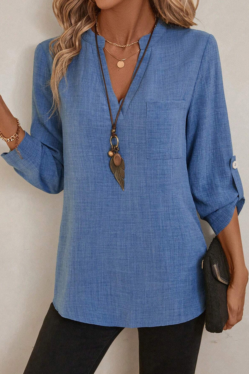 Ashleigh Blue Solid Color Notched V Neck Roll up 3/4 Sleeve Blouse-Tops/Blouses & Shirts-[Adult]-[Female]-2022 Online Blue Zone Planet