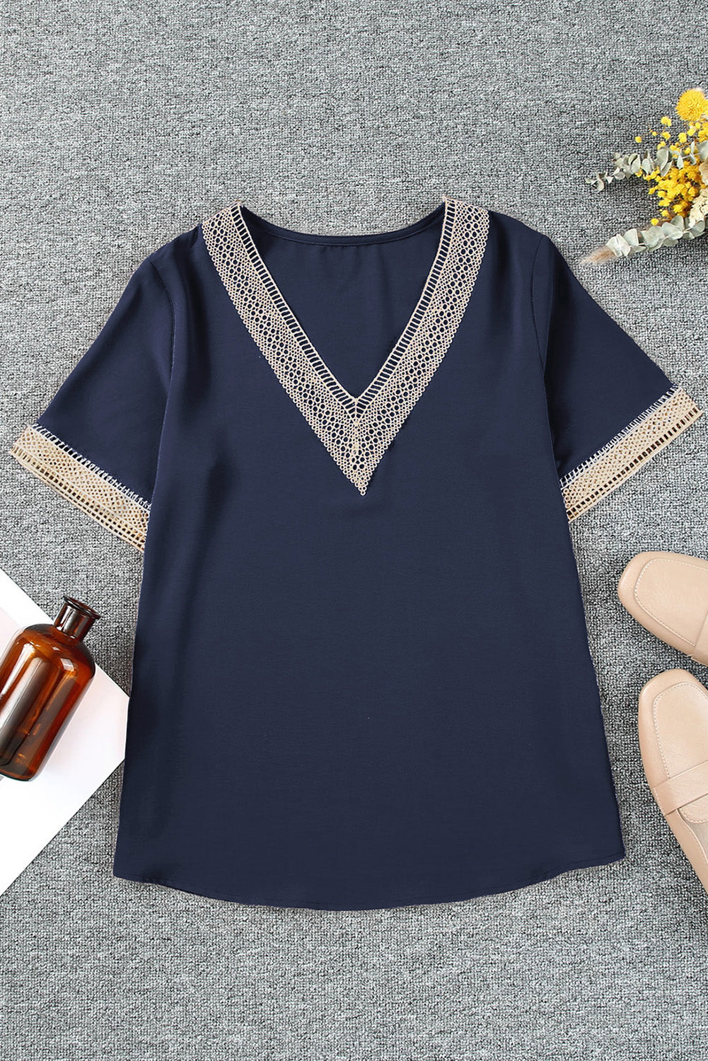 Blue Lace Trim V Neck Short Sleeve Blouse-Tops/Blouses & Shirts-[Adult]-[Female]-2022 Online Blue Zone Planet