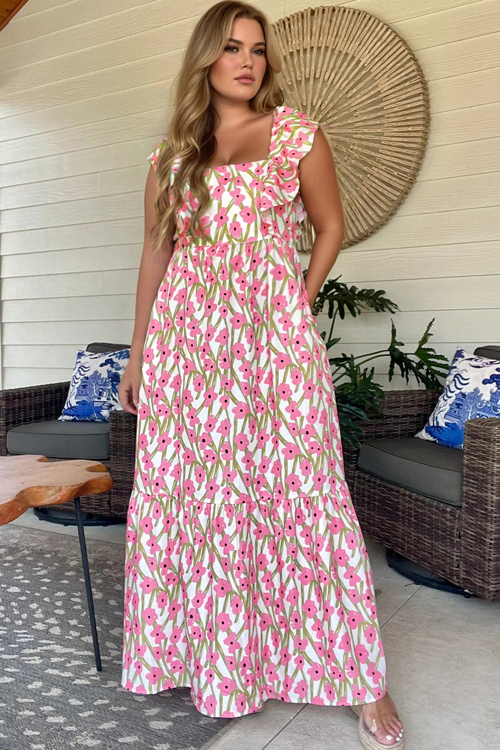 Pink Plus Size Ruffle Trim Square Neck High Waist Floral Maxi Dress-TOPS / DRESSES-[Adult]-[Female]-2022 Online Blue Zone Planet