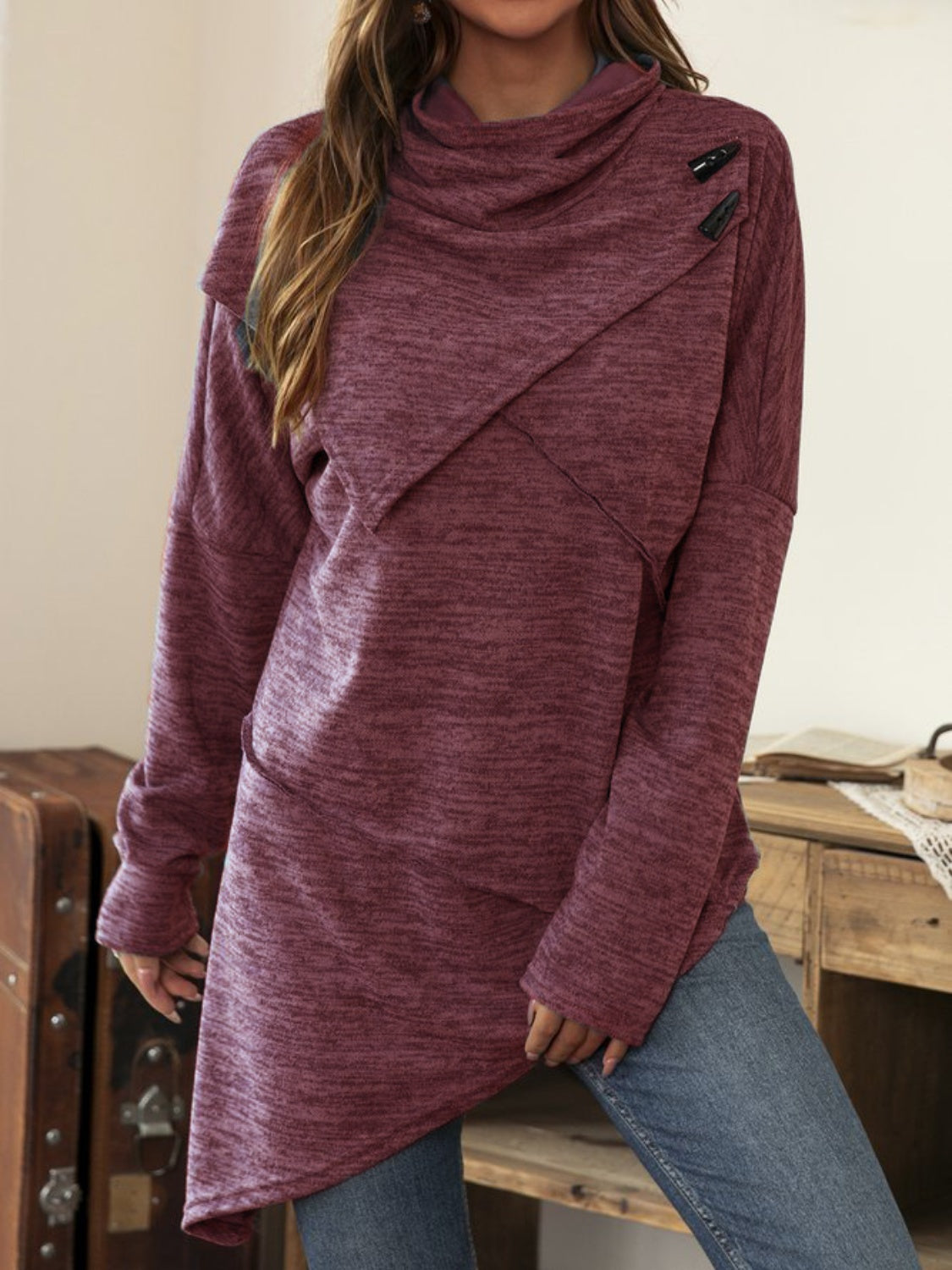 Asymmetrical Hem Cowl Neck Long Sleeve T-Shirt-TOPS / DRESSES-[Adult]-[Female]-Deep Purple-S-2022 Online Blue Zone Planet